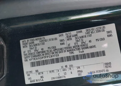 2015 Ford F-150 Xlt z USA, uszkodzony, nr VIN 1FTEX1CP7FFC91733